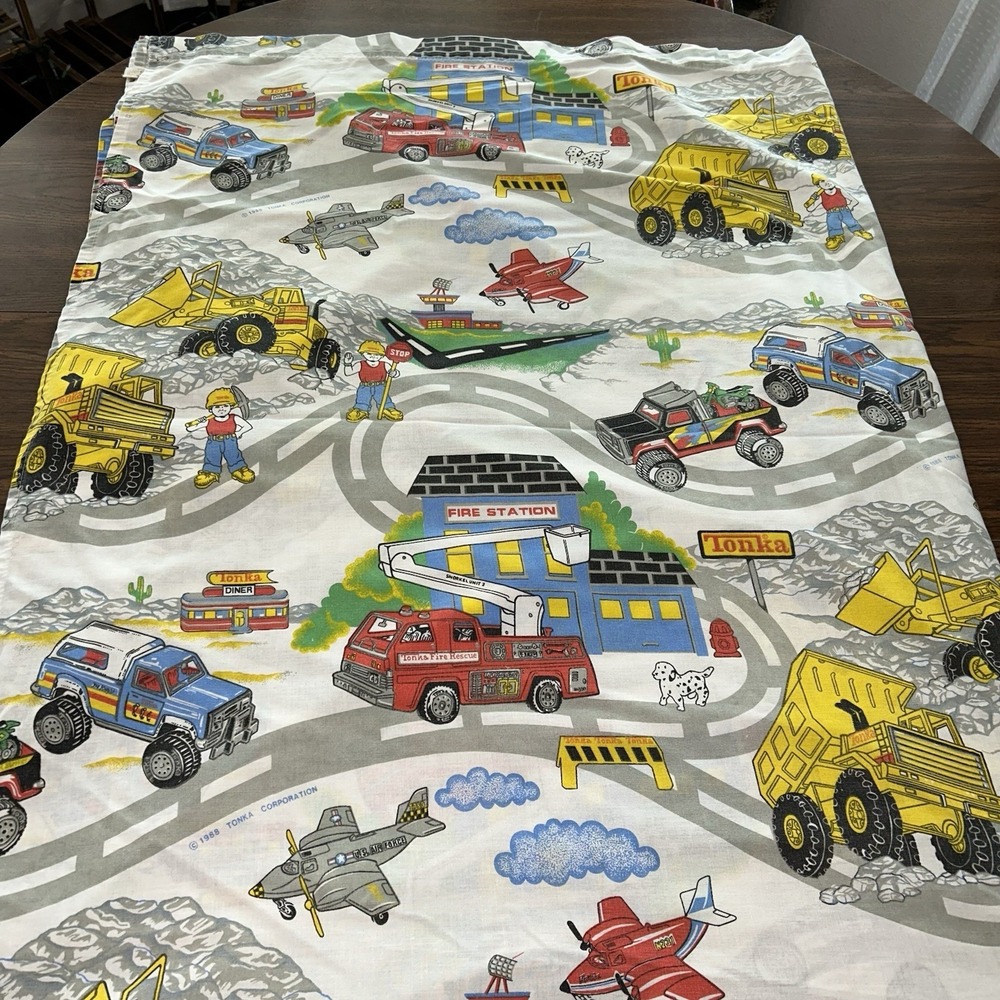 Vintage Tonka Truck Flat And Fitted Sheet Set Construction Planes Fire trucks